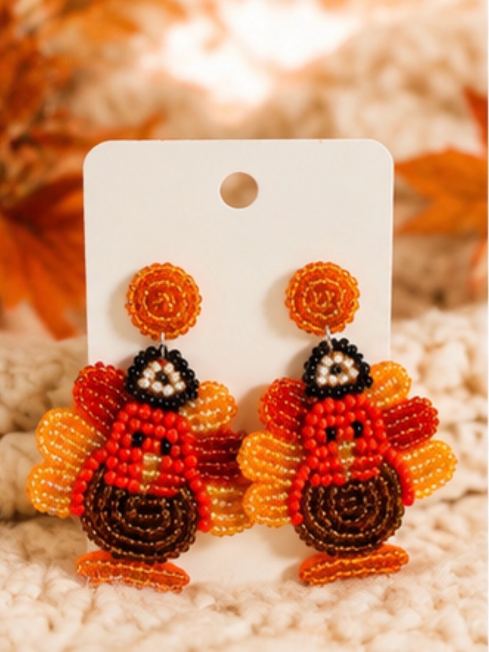 Cute Turkey Seed Beaded Lightweight Turkey Thanksgiving Earring - Picture 2 of 4